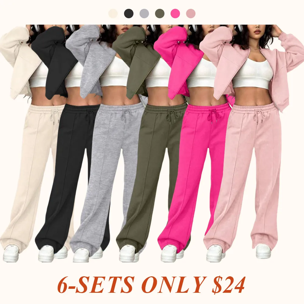 Two-piece Set Women's Solid Zip Up Drop Shoulder Jacket & Pocket Elastic Waist Pants