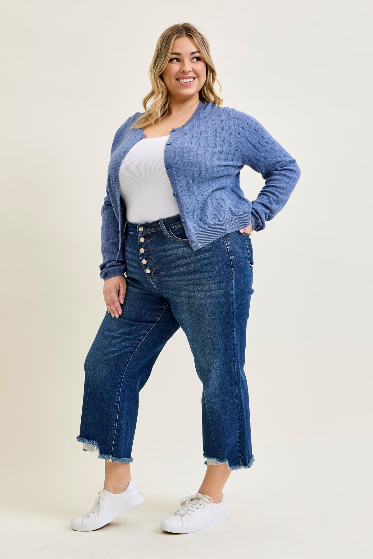 Dottie Button Fly Distressed Hem Crop Wide - PLUS