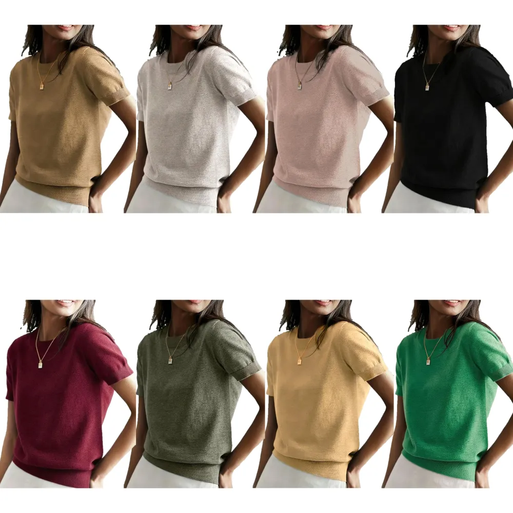 Women's solid-color crew neck short-sleeved sweater, suitable for everyday wear.