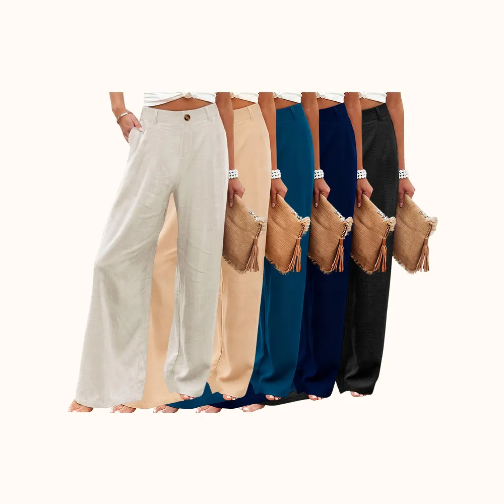 Womens Cotton Linen Pants Casual Button Up High Waisted Wide Leg Trousers Wideleg Loose Womenswear Apricot