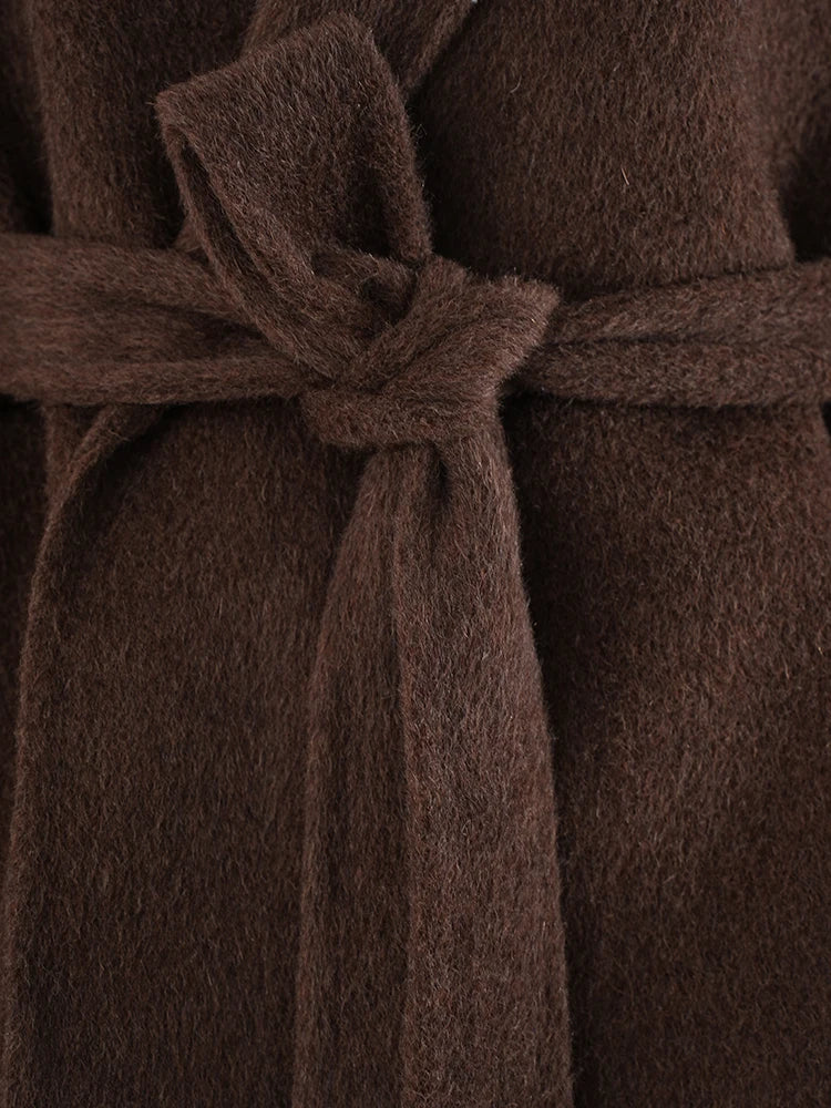 Women's Elegant Solid Color Waist Tie Fuzzy Cuff Wrap Coat, Premium Plush Long Sleeve Thermal Coat, Outerwear Jacket for Fall & Winter(CN/US)