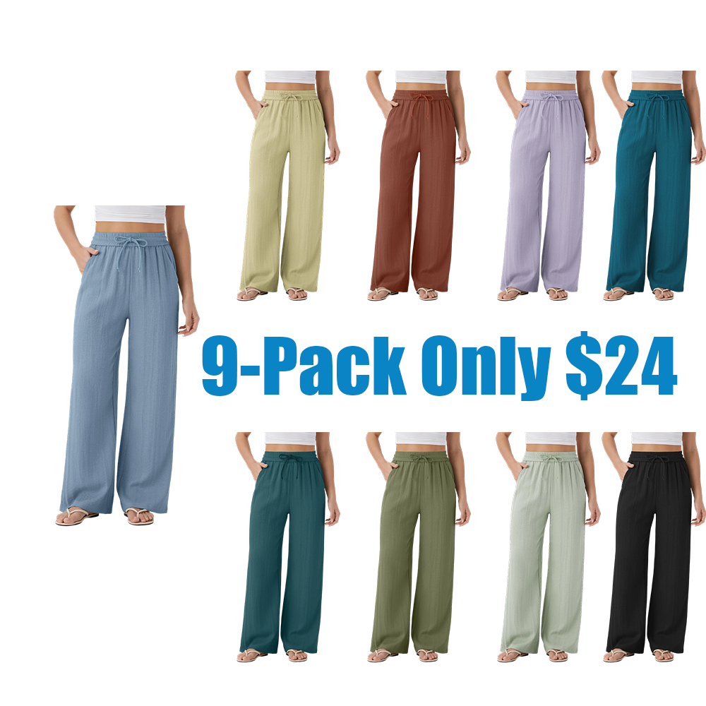 High Waisted Drawstring Pocket Wide Leg Casual Linen-Feel Pants
