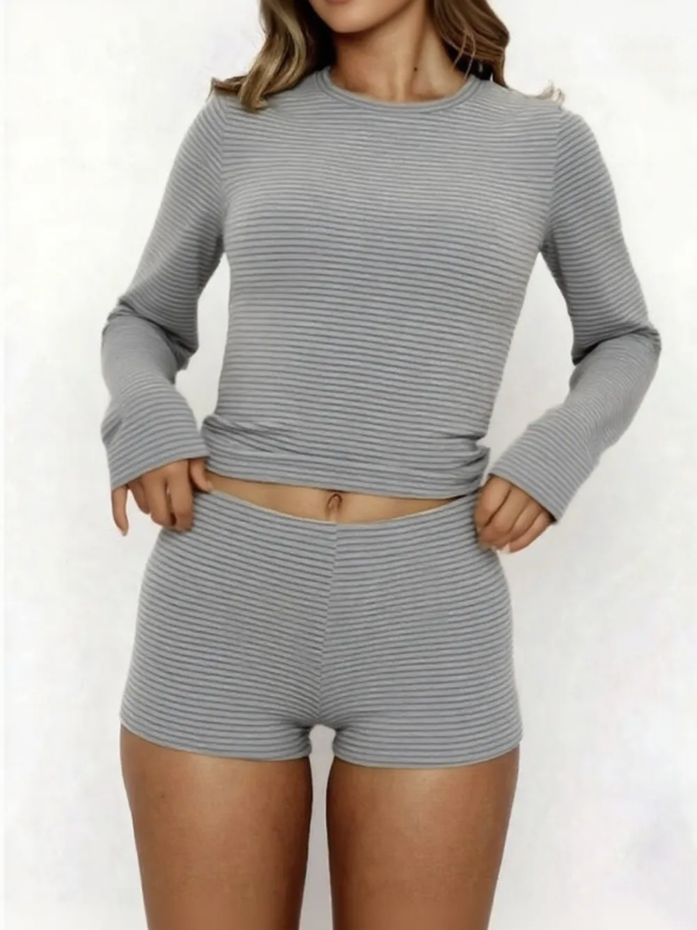 2 Piece Set Women's Casual Striped Shirt + Hot Pants