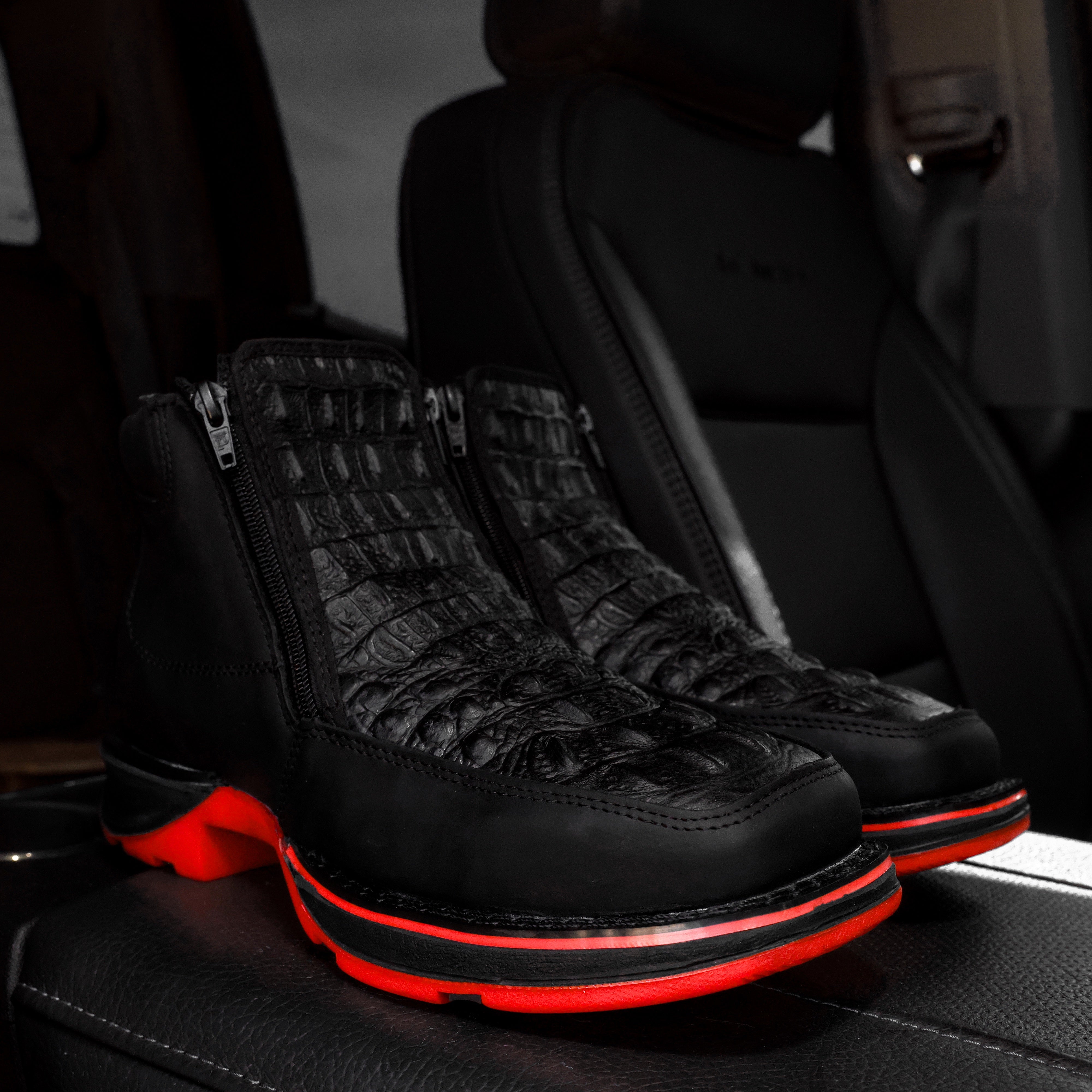 Black Caiman Neck Leather Botin With 3D Lightweight Soles - Square Toe