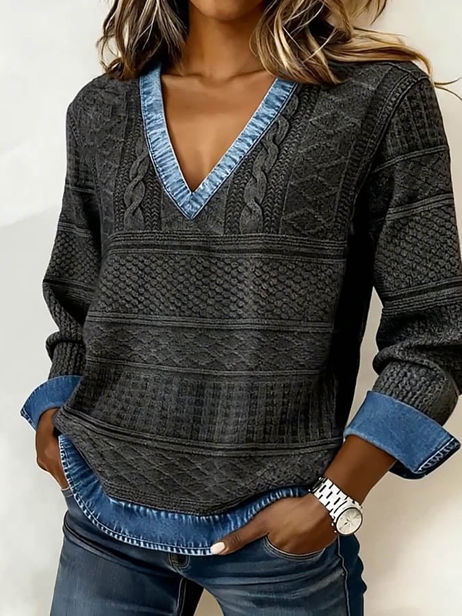 Women's Casual V Neck Denim Patchwork Print Pullover Top