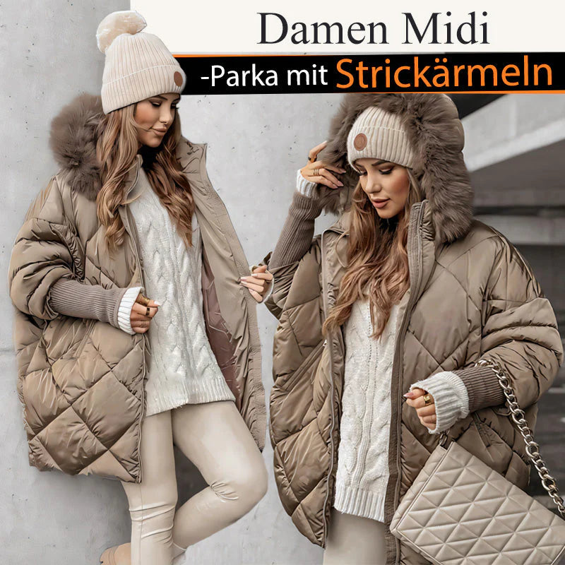 Women's midi parka with knitted sleeves
