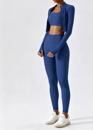 Women's Solid Criss Top & High Waist Leggings & Jacket Set