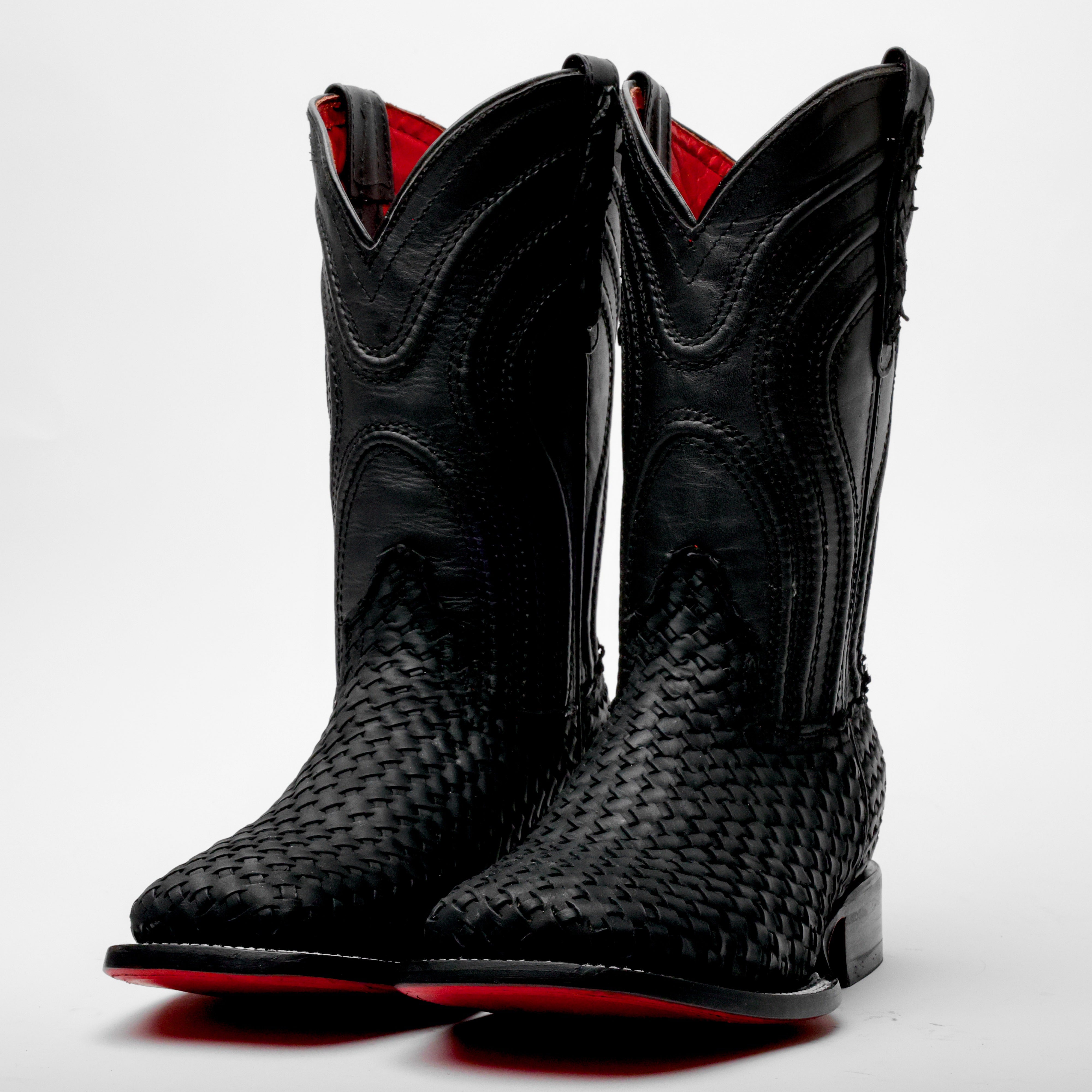 Black Basketweave Leather Boots - Square Toe