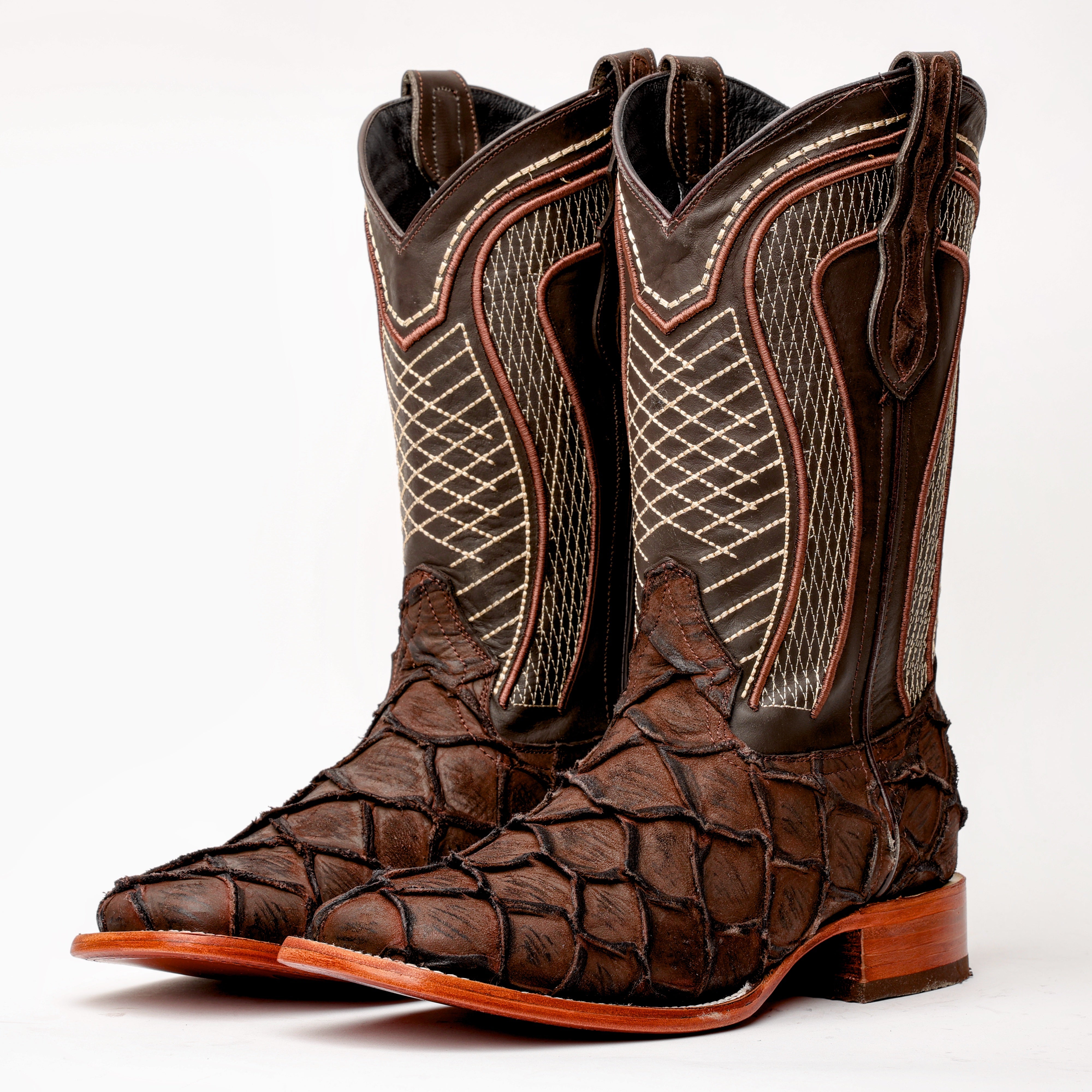 Matte Chocolate Pirarucu Leather Boots - Square Toe