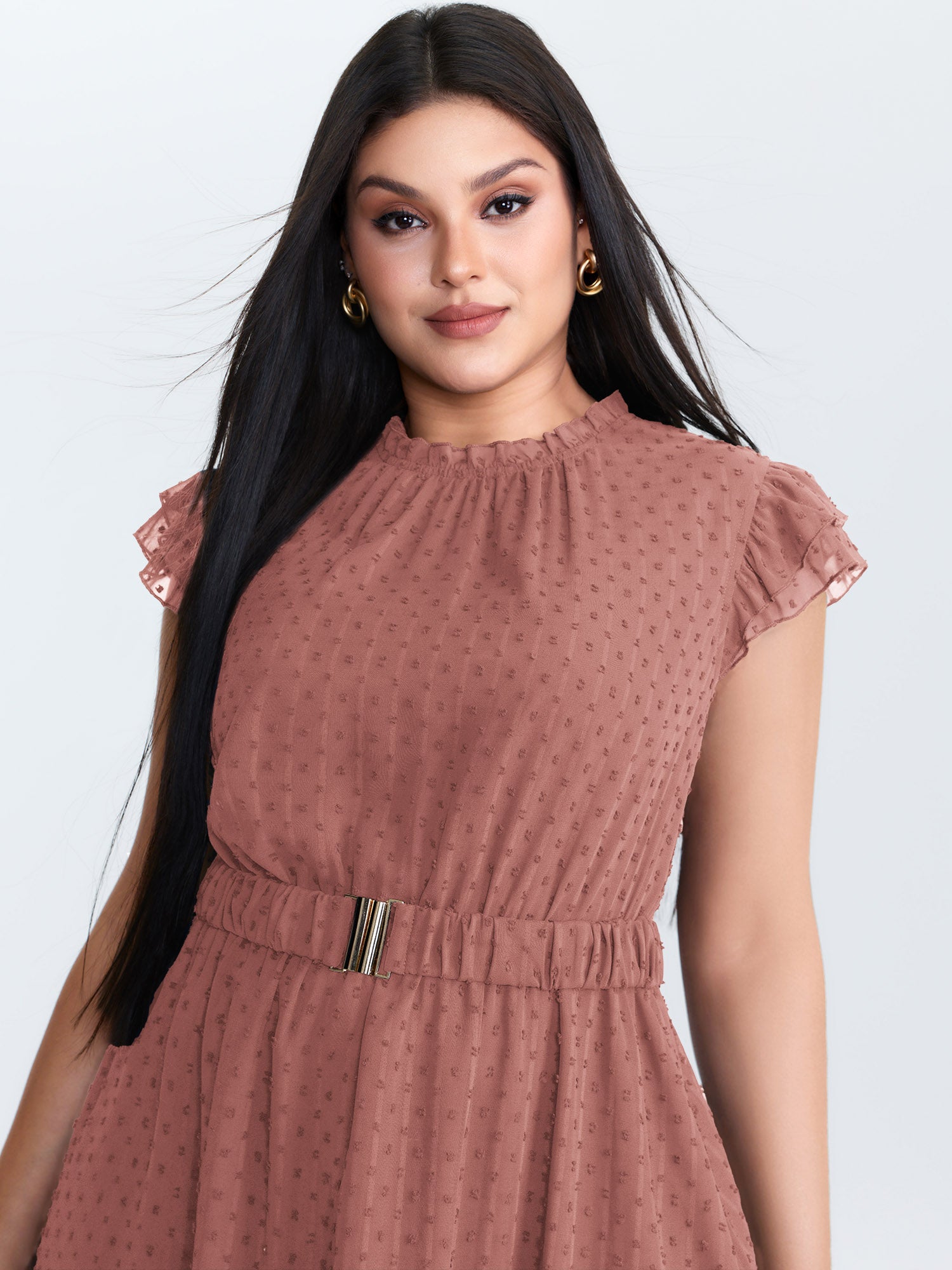 Textured Sheer Ruffled Mock Neckline Midi Dress