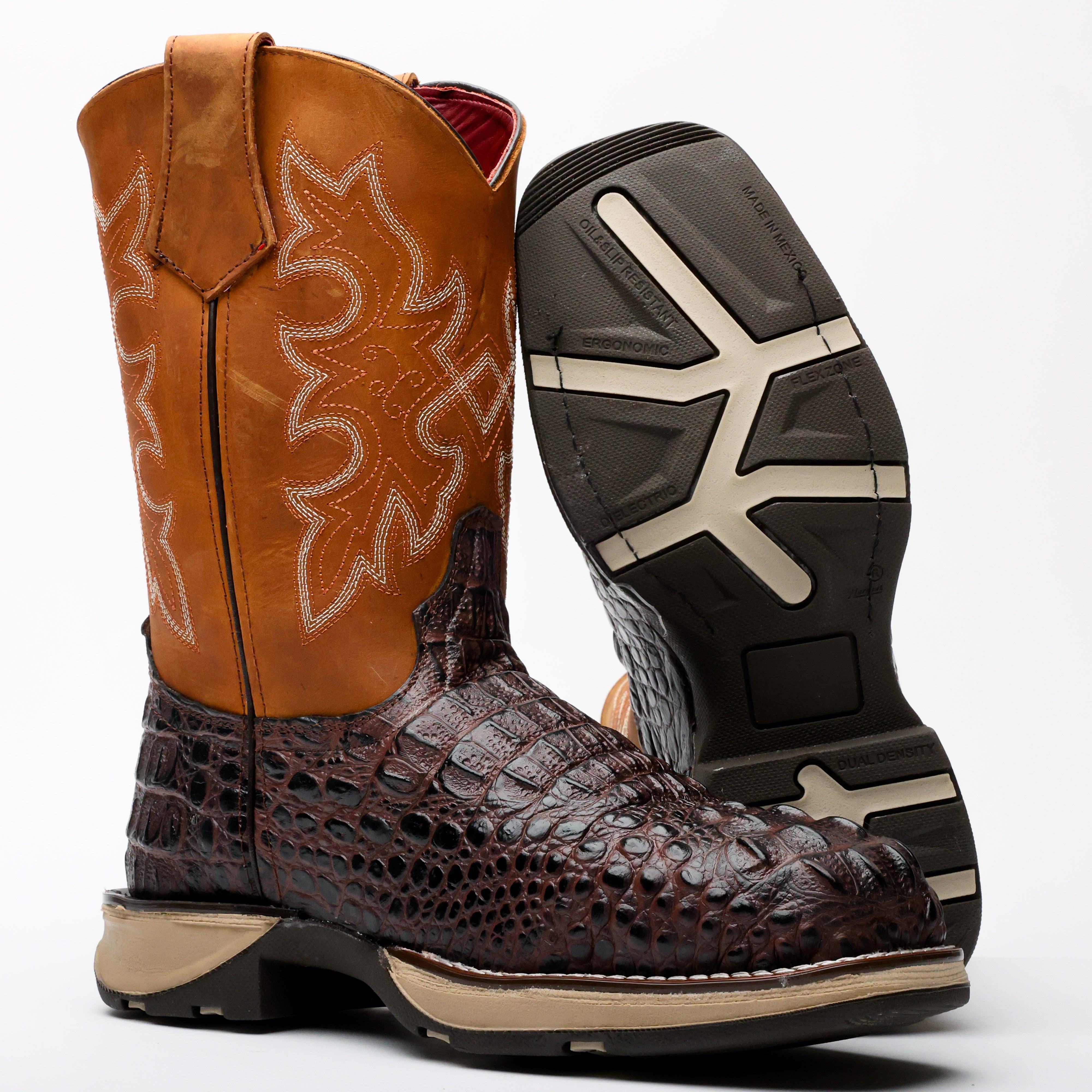 Brown Caiman Neck Leather Boots With 3D Lightweight Sole - Composite Toe