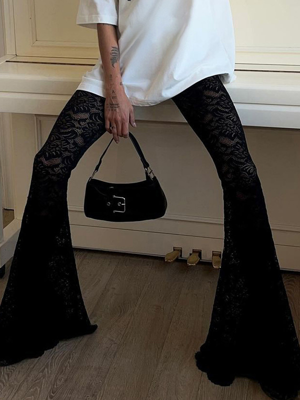 Lace See-Through High Waist Flared Pants In Black