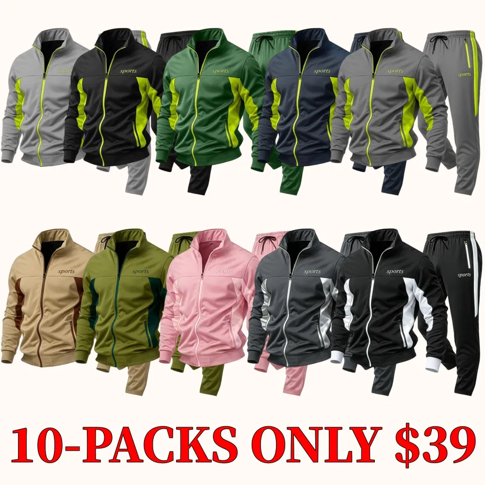 Men's casual stand-up collar jacket paired with sweatpants, breathable and comfortable.