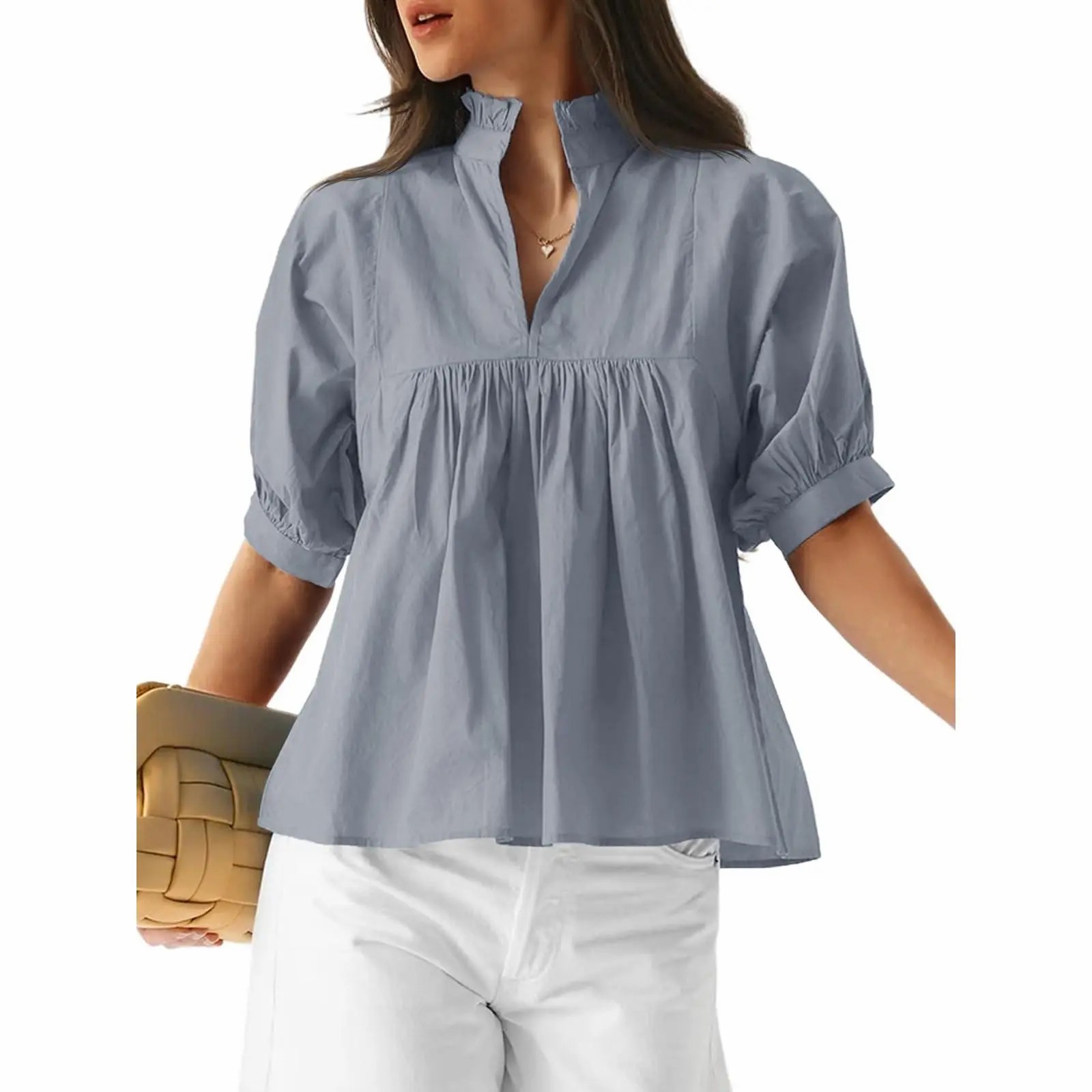 Elegant V-Neck Puff Sleeve Peplum Blouse - Versatile Dressy Casual