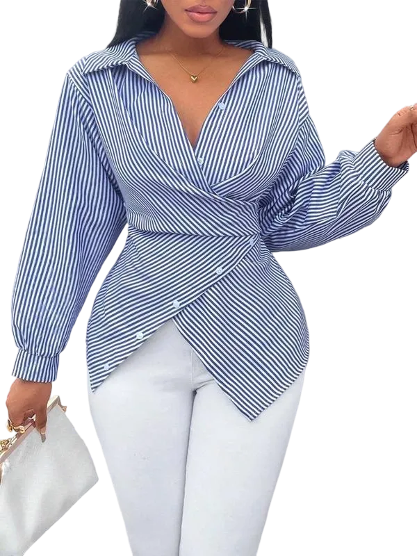Women's Asymmetrical Striped Print Button-Up Shirt