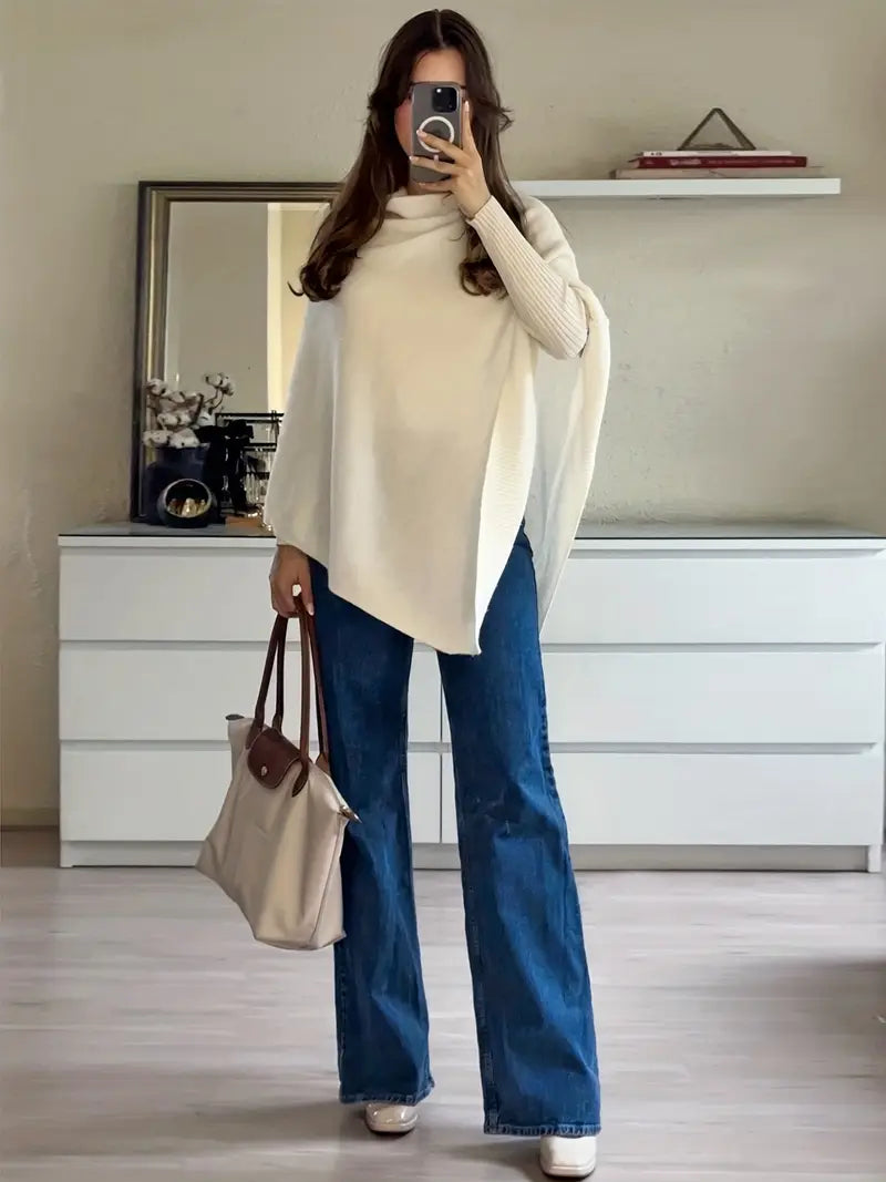 Women'S Elegant Asymmetrical Cape Sweater - Soft Winter Coat with Round Neck