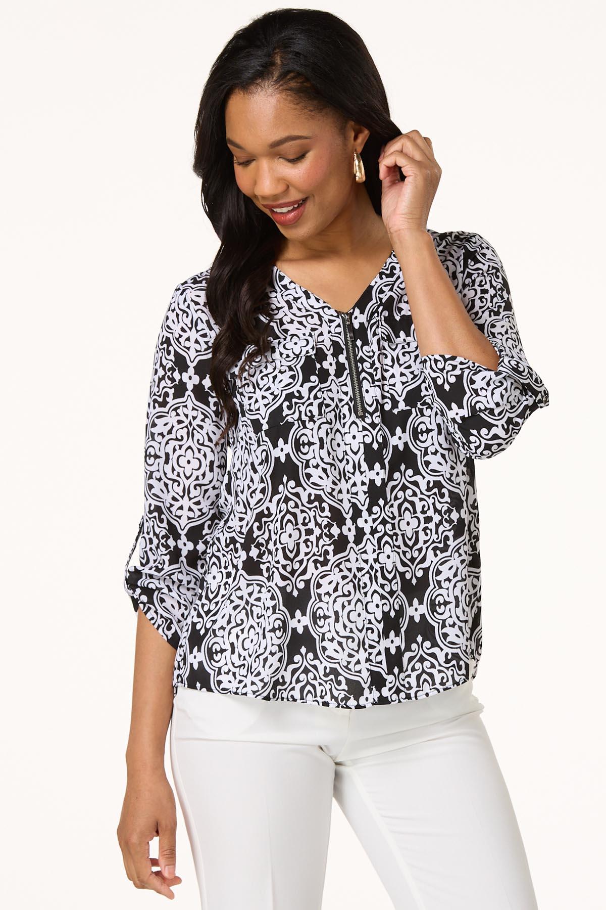 Black White Geo Zip Up Top