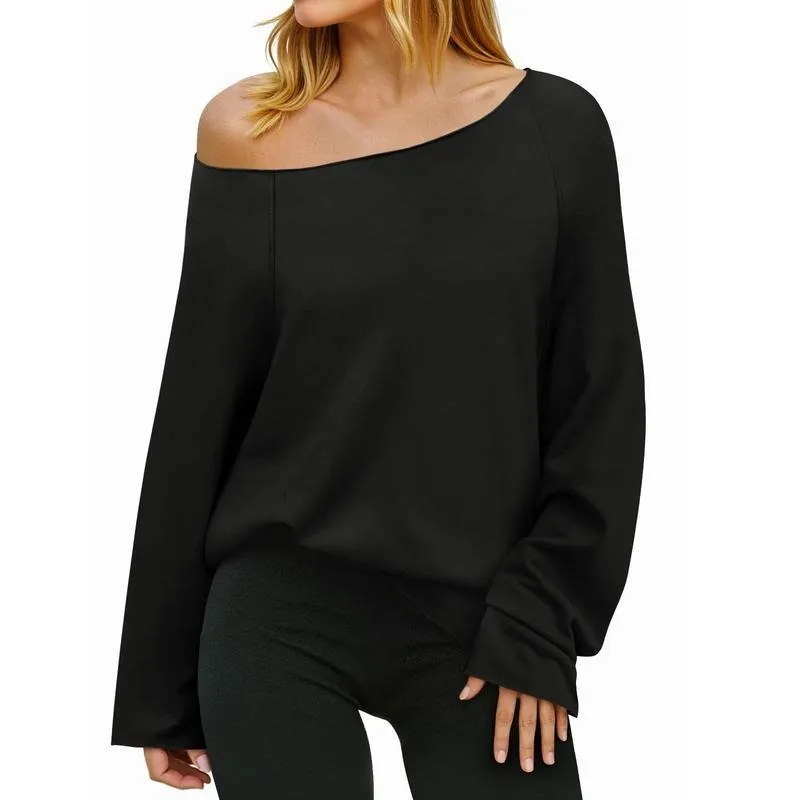 Womens Off the Shoulder Sweatshirts Wide Neckline Oversized Pullovers Long Sleeve