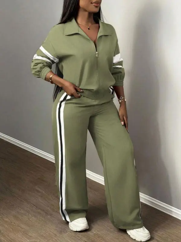 Women'S Zipper Jacket & Striped Wide-Leg Pants Set, Streetwear & Casual, Two-Piece Suit For Daily Wear