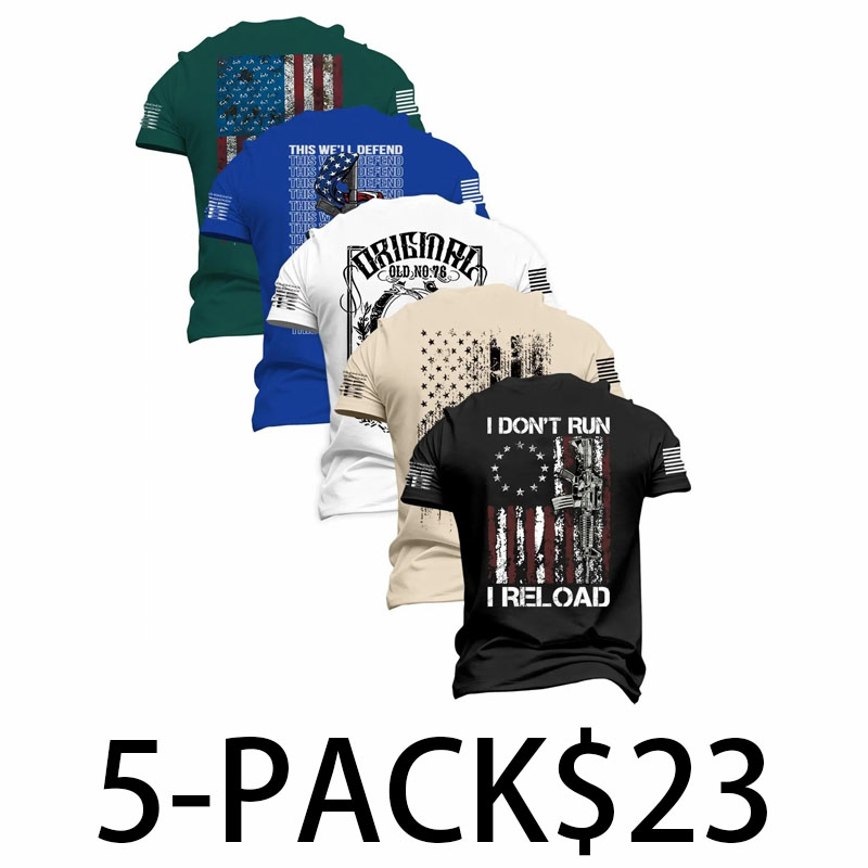Men's 5-Pack Flag Print T-Shirts – Fitted Short Sleeve Casual Summer Tees