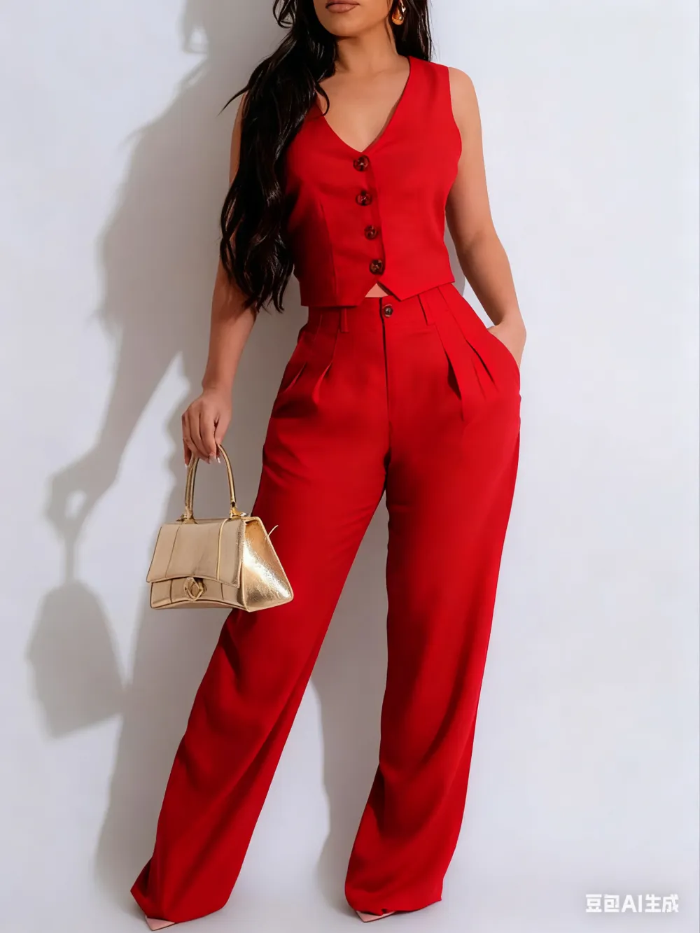Women's Button Front V Neck Crop Tank Top & High Waist Pants Set