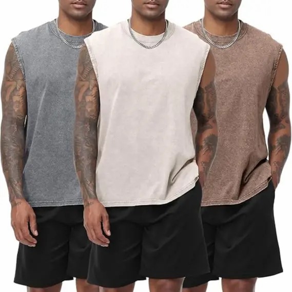 Men's Cotton Sleeveless Muscle Tank Tops Vintage Acid Wash Cutoff Loose Workout Tee Shirts