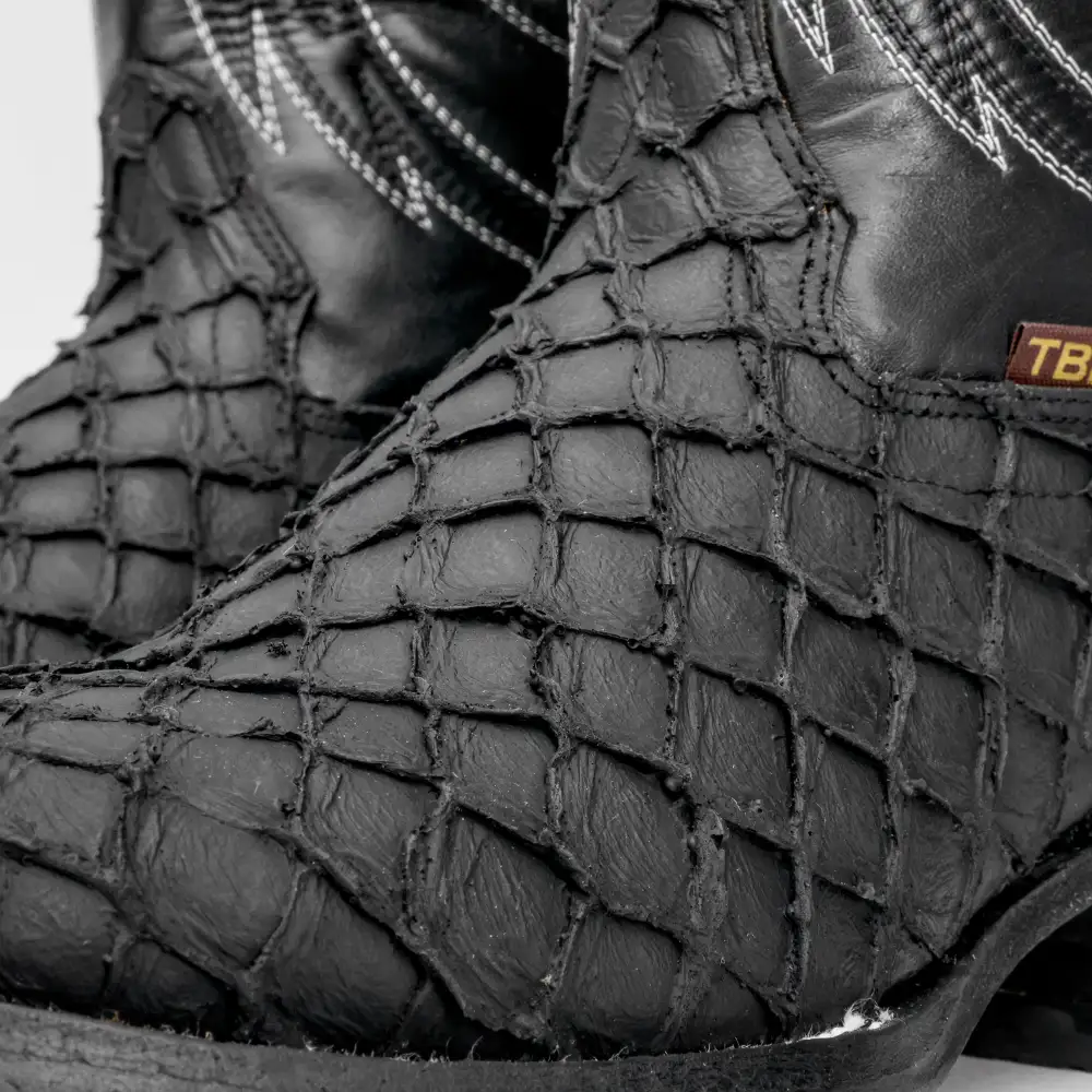 Matte Black Mini Pirarucu Leather Boots - Square Toe