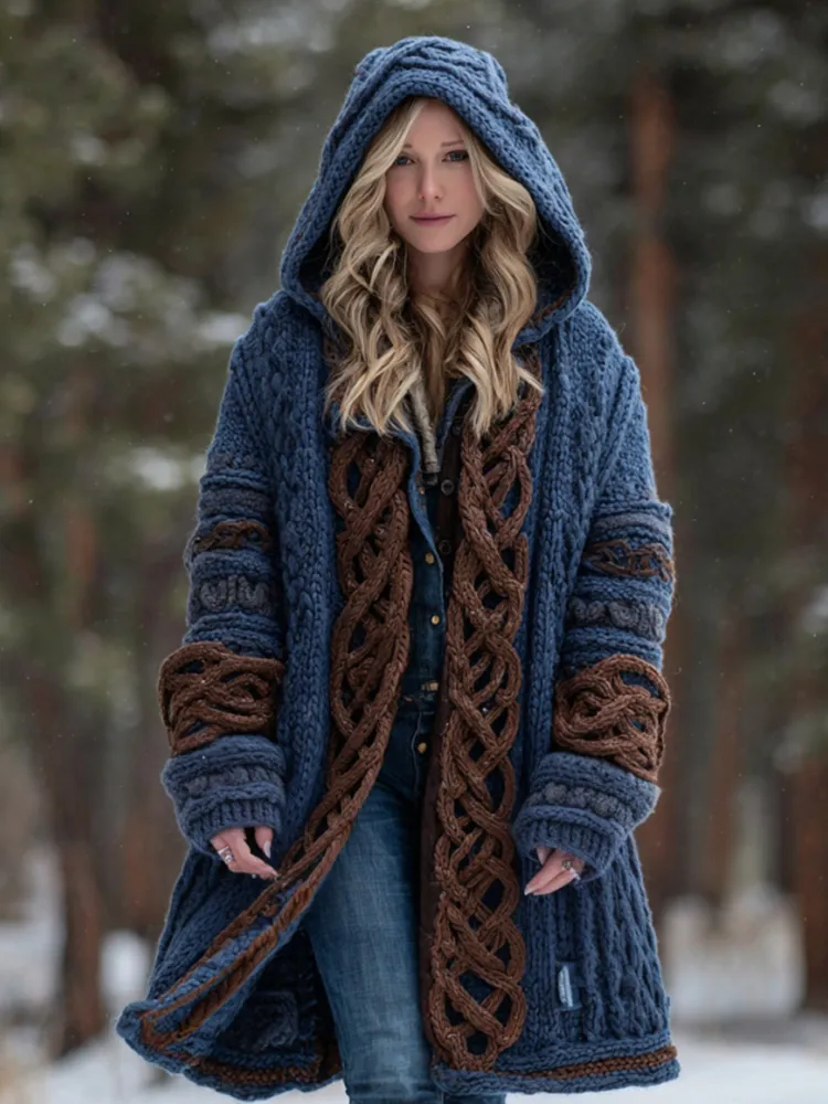 Women's Vintage Viking Celtic Knot Art Warm Knit Hooded Jacket