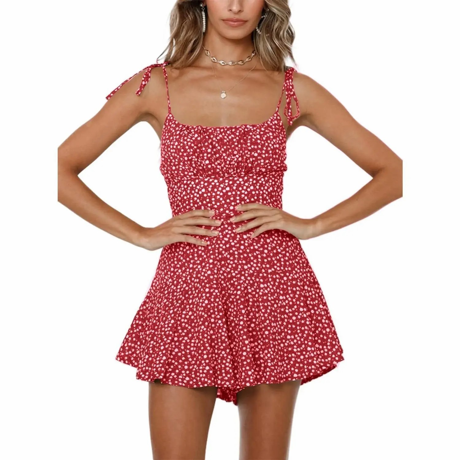 Women's Boho Floral Wide Leg Short Romper – Spaghetti Strap Smocked Jumpsuit
