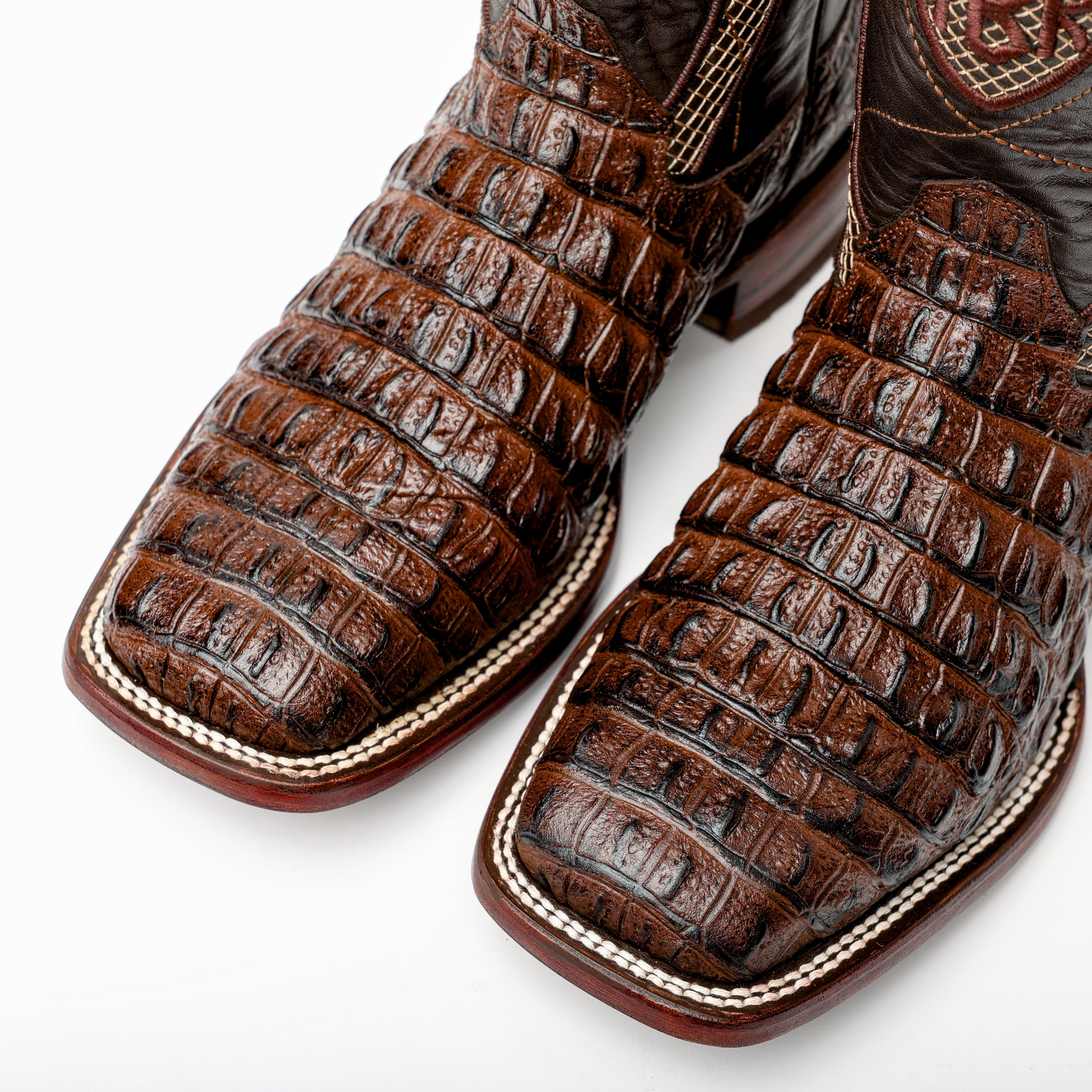 Chocolate Brown Caimán Hornback Leather Boots - Square Toe