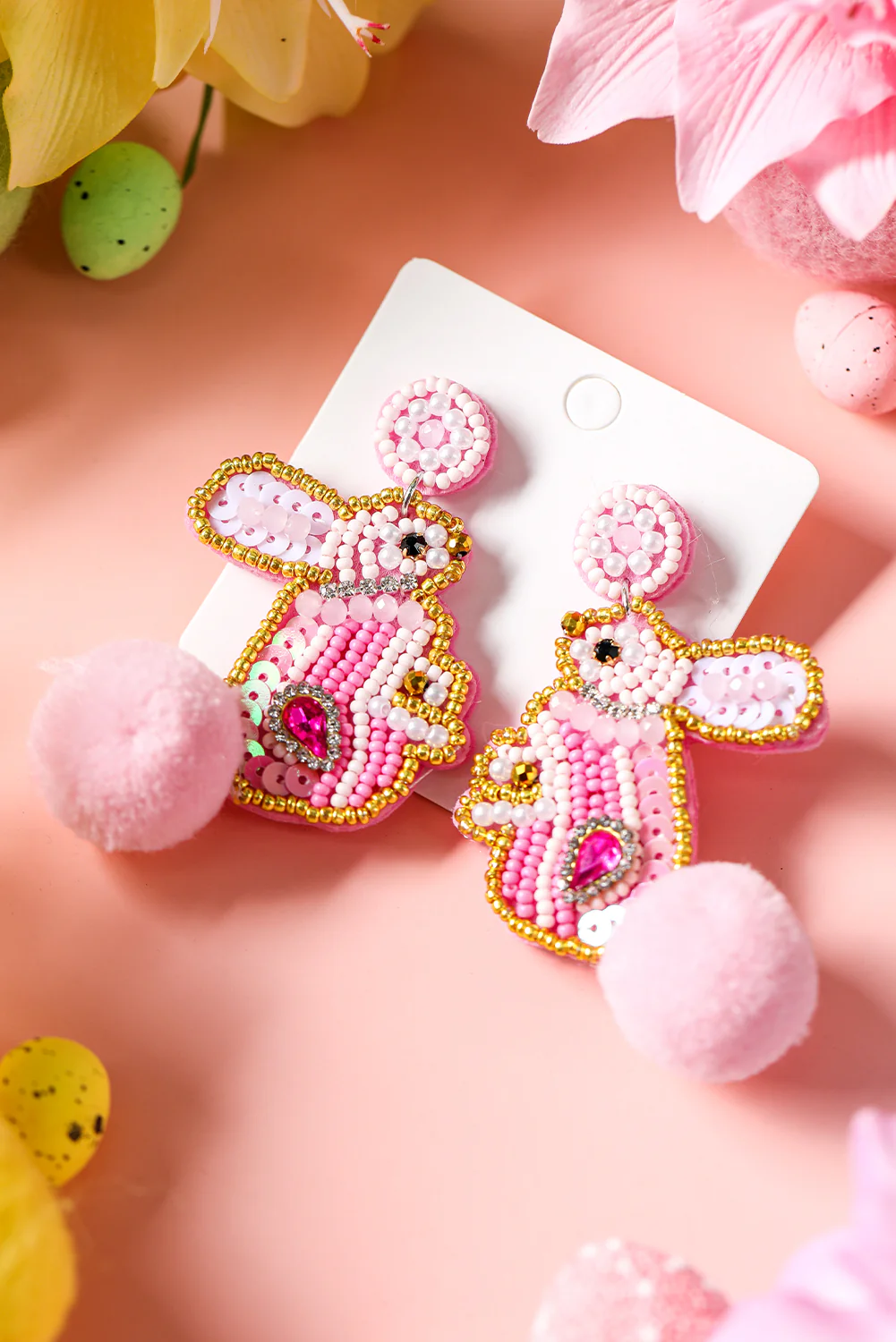 Pink Beaded Easter Bunny Fluff Stud Dangle Earrings