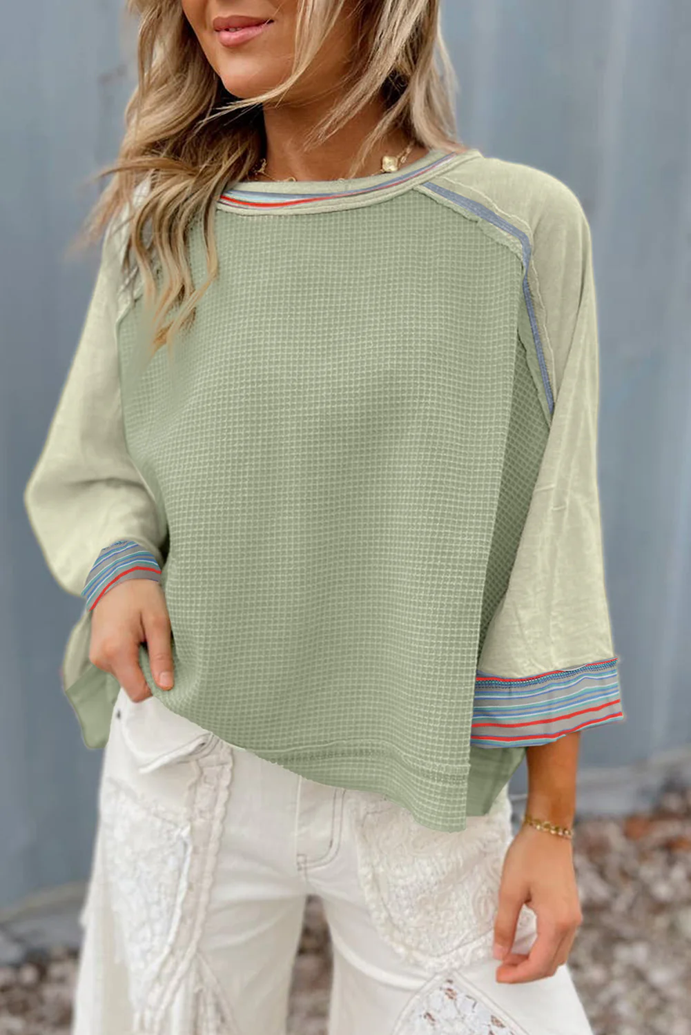 Meadow Mist Waffle Knit Wide Bracelet Sleeve Patchwork Raglan Top