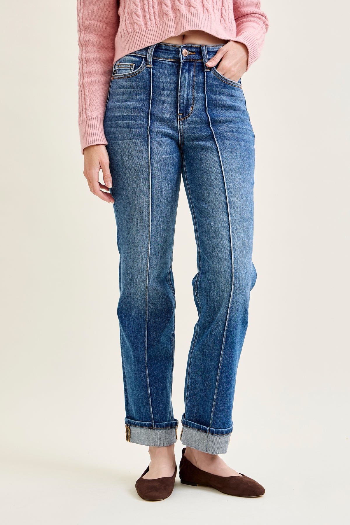 Sally High Rise Front Seam Detail & Cuffed Straight Fit Jeans