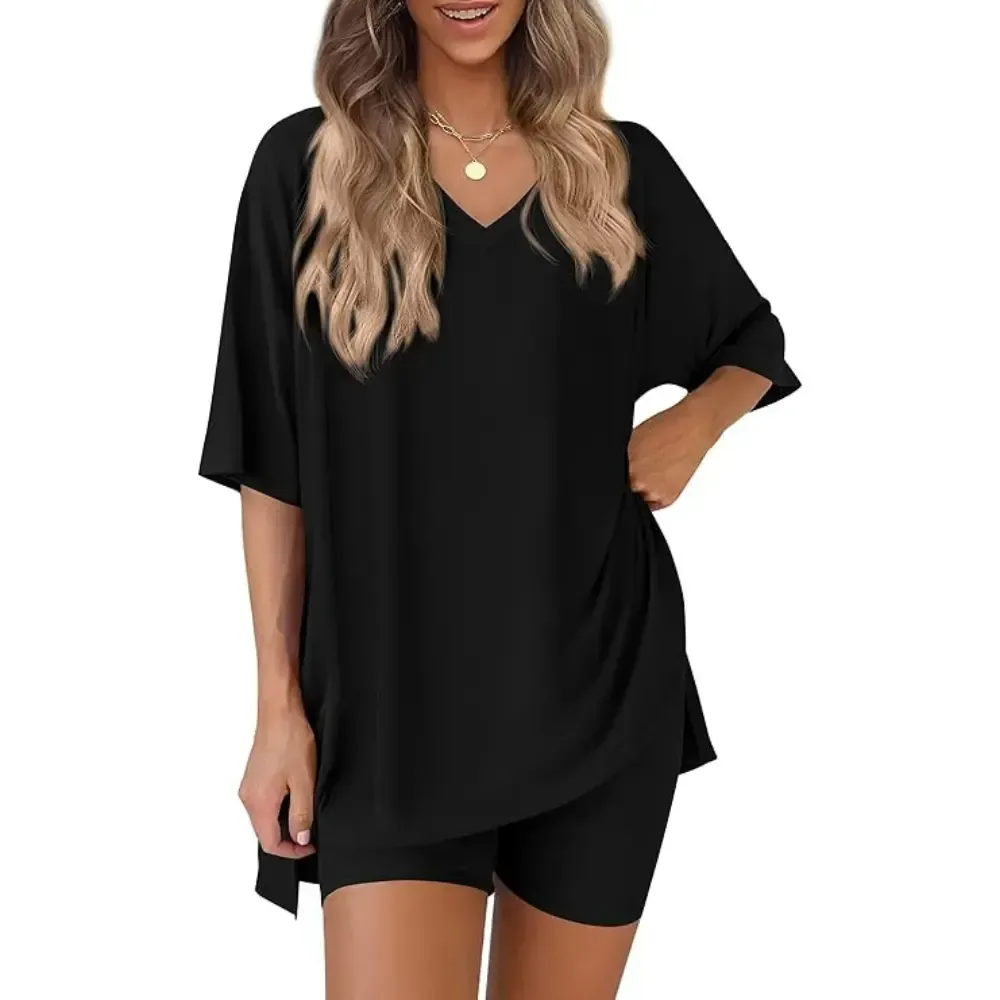Crewneck Two-Piece Set For Women Summer Casual Oversized Split Hem Shirts