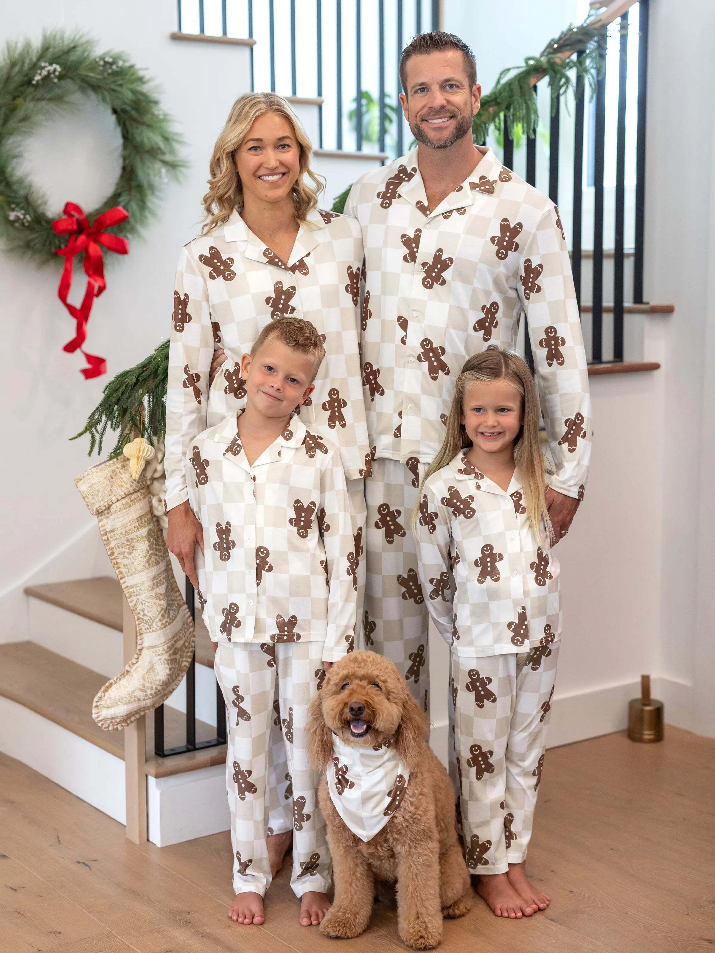 Christmas Matching Family Pajamas Set Block checkered Gingerbread Print PJS with Christmas Socks Khaki