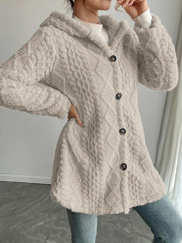 Women's Fall Winter Warm Fashion Jacquard Hooded Cardigan Long Sleeve Coat
