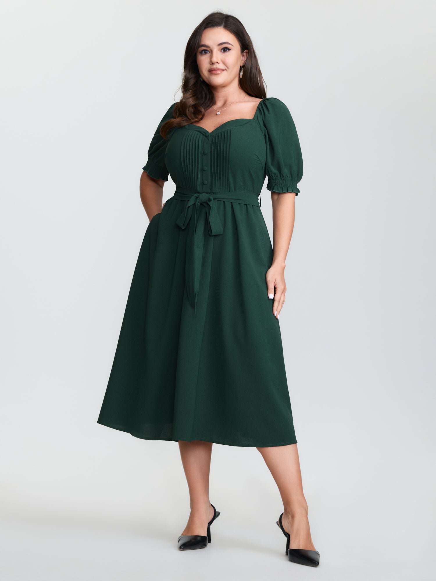 Plicated Detail Sweetheart Neck Pockets Belted Midi Dress