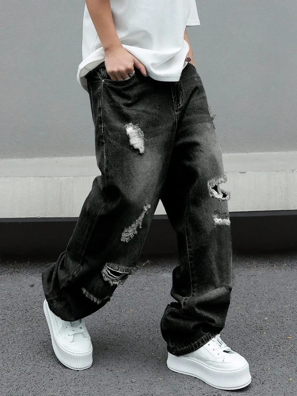 Men's Trendy Loose-Fit Jeans: American Retro-Style Distressed, Casual Wide-Leg Flared Denim