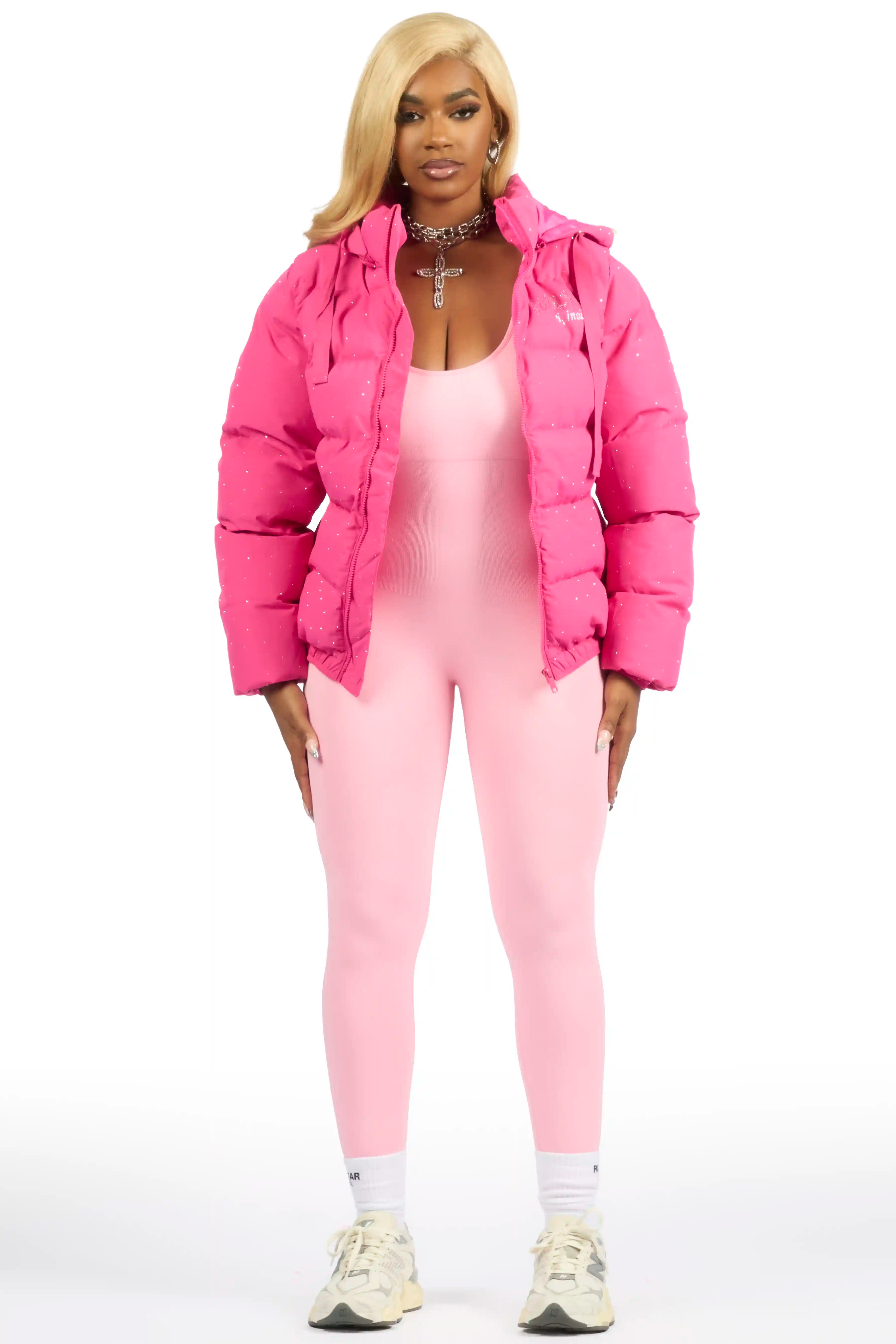 Onellia Hot Pink Rhinestone Puffer Jacket