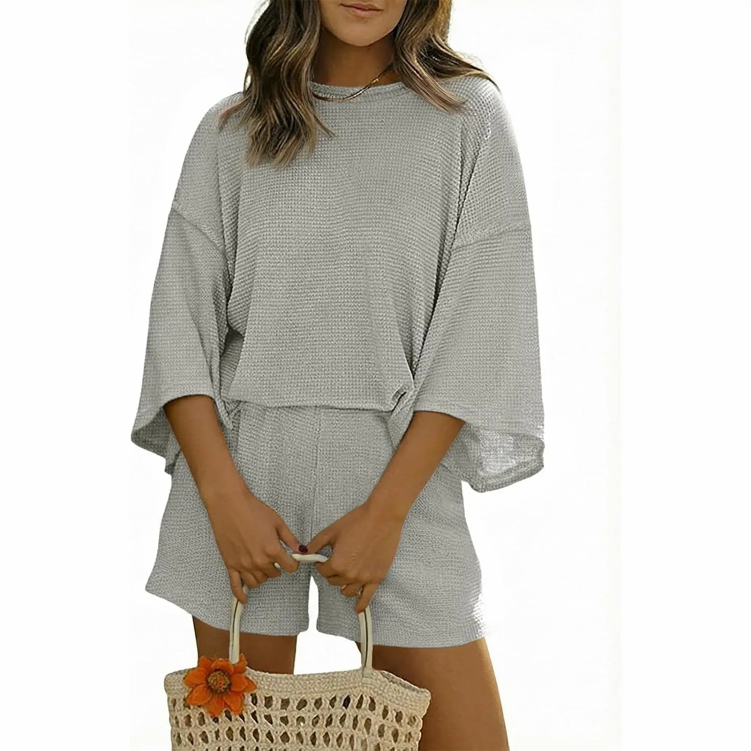 Women's 2-Piece Lounge Set – 3/4 Sleeve Top & Elastic Waist Shorts with Pockets