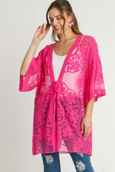 Floral Lace Open Front Kimono Sleevee Cover Up with Waist Tie