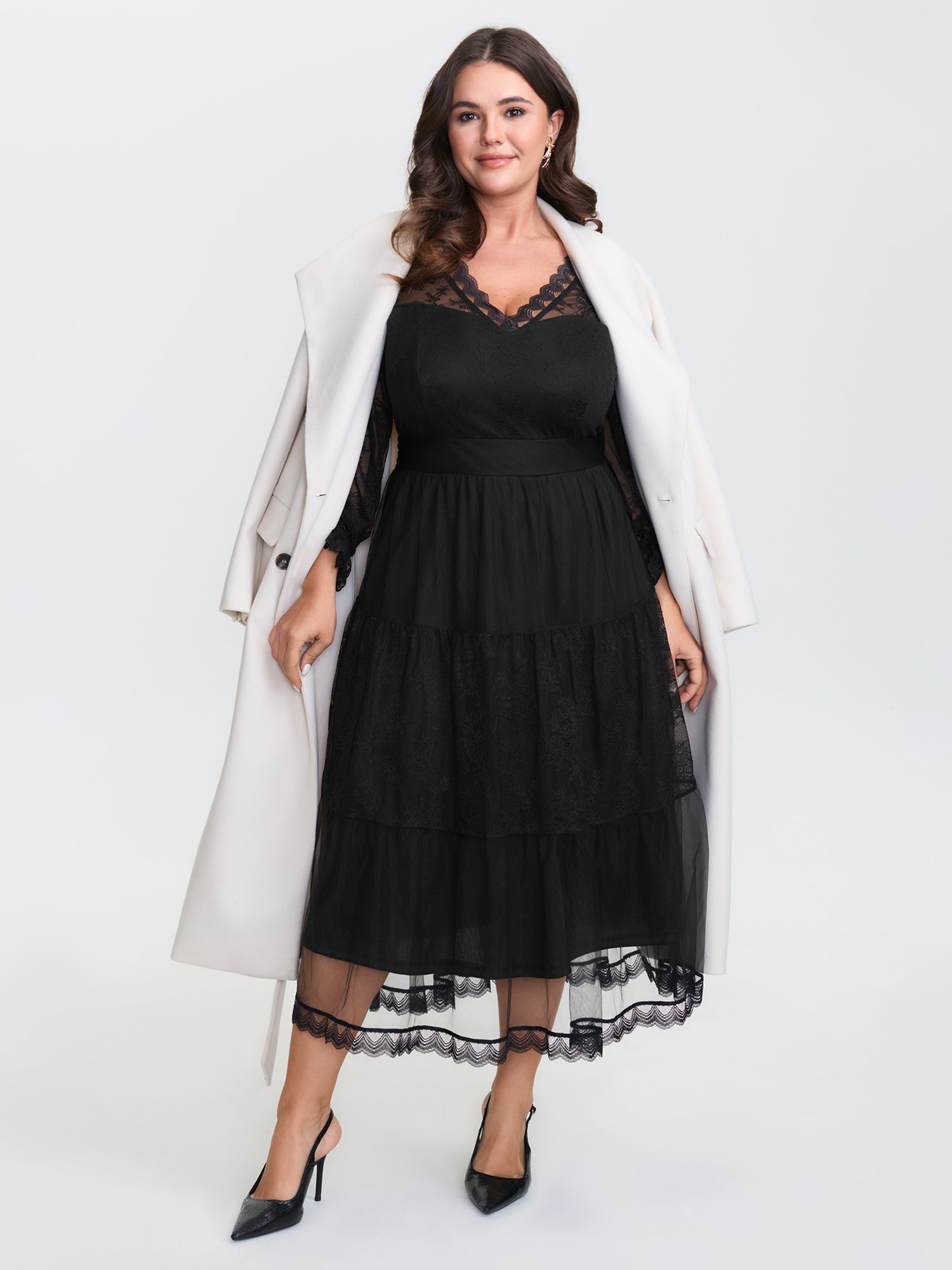 Sheer Lace Trim Stretchy Waist Midi Dress