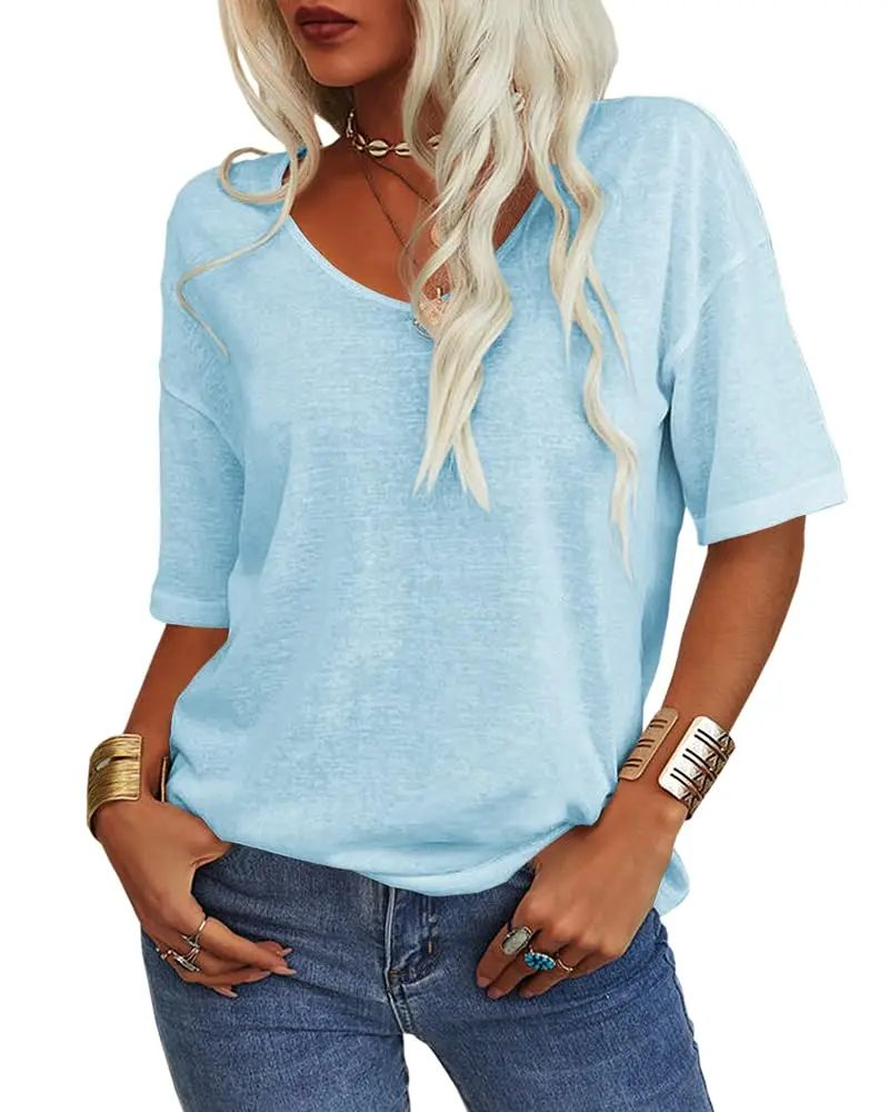 Women’s Soft V-Neck Half Sleeve T-Shirt – Lightweight Loose Fit Casual Everyday Top