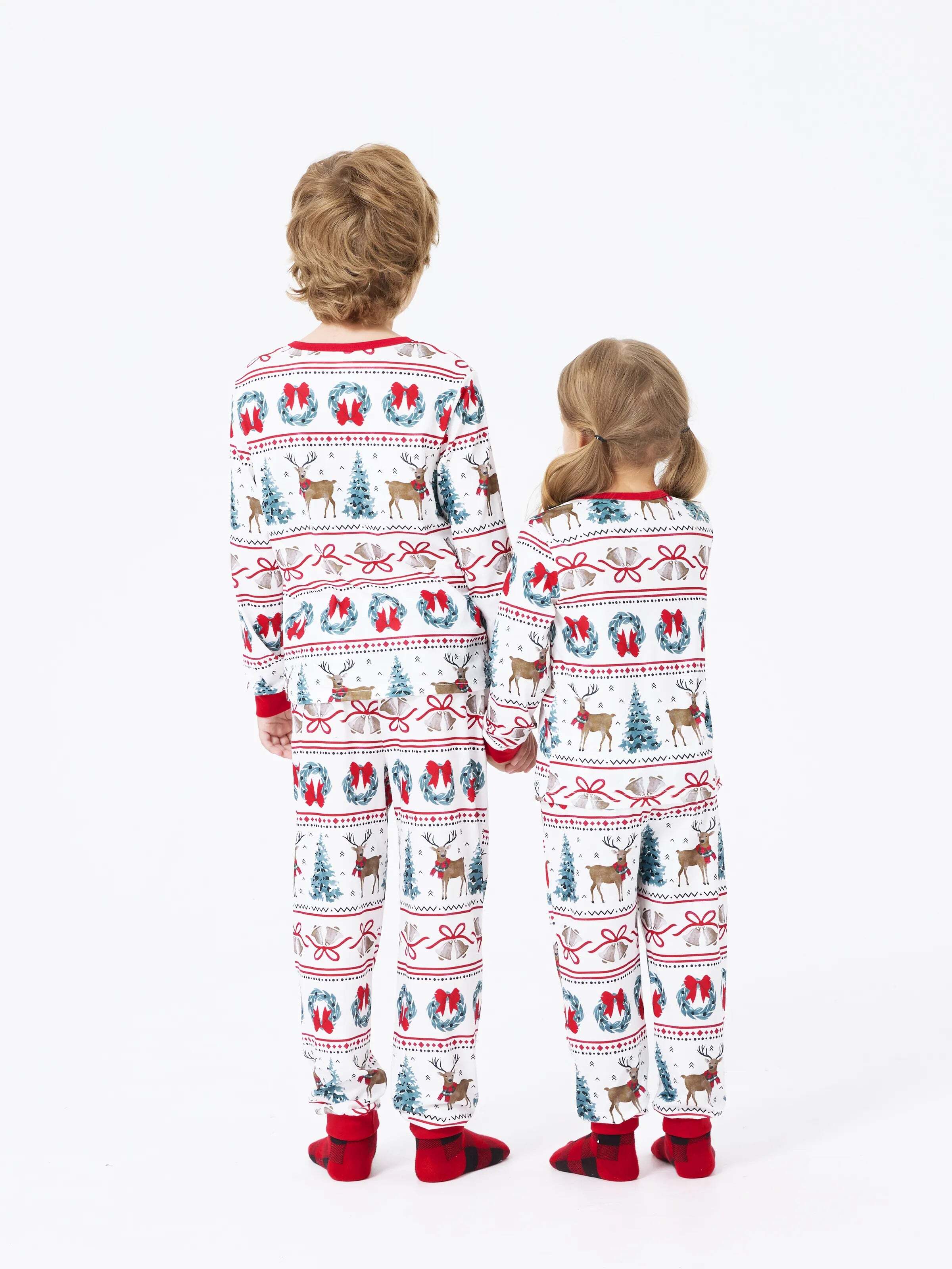 Christmas Matching Family Pajamas Set Christmas Elk and Bell Print Striped PJS with Christmas Socks White