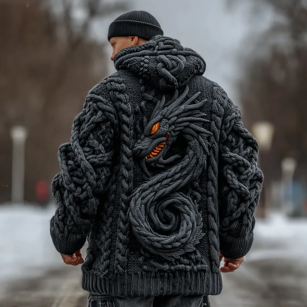 Men's Viking Celtic Dragon Knit Long Zip Hooded Sweater