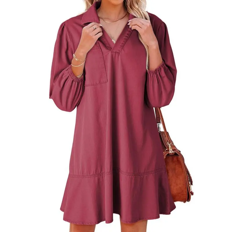 V Neck 3/4 Puff Sleeve Jean Dresses