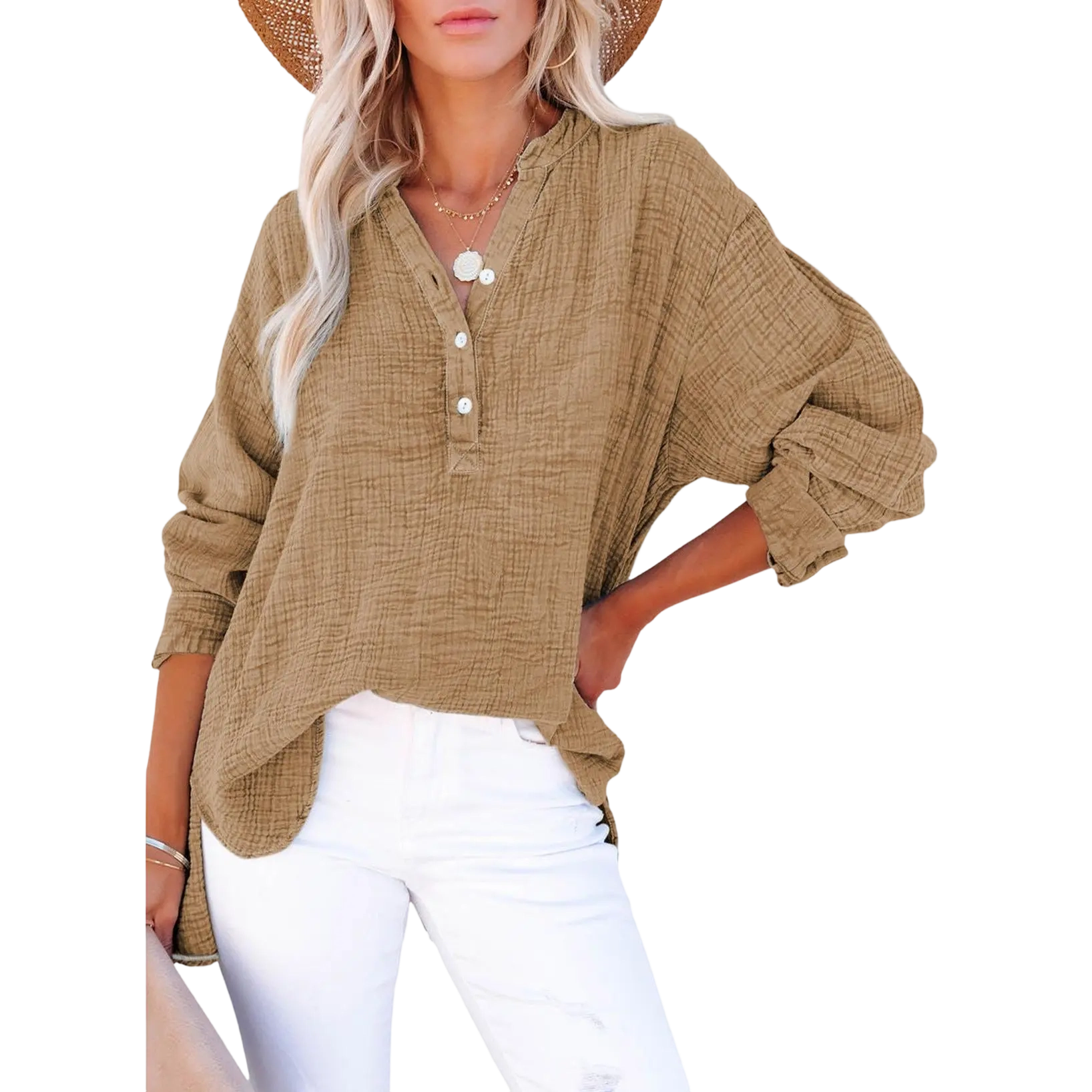 Women's Casual Button V Neck Long Sleeve Shirts Oversized Solid Blouses Tops 100% Cotton Boyfriend Style Loose Fit