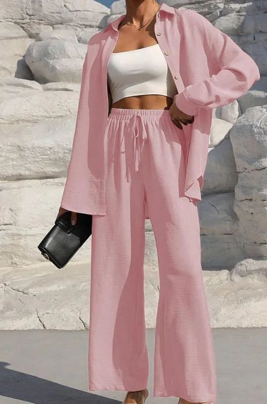 Women's Solid Button Front Shirt & Tie Front Wide Leg Pants (Under $3 a set!)