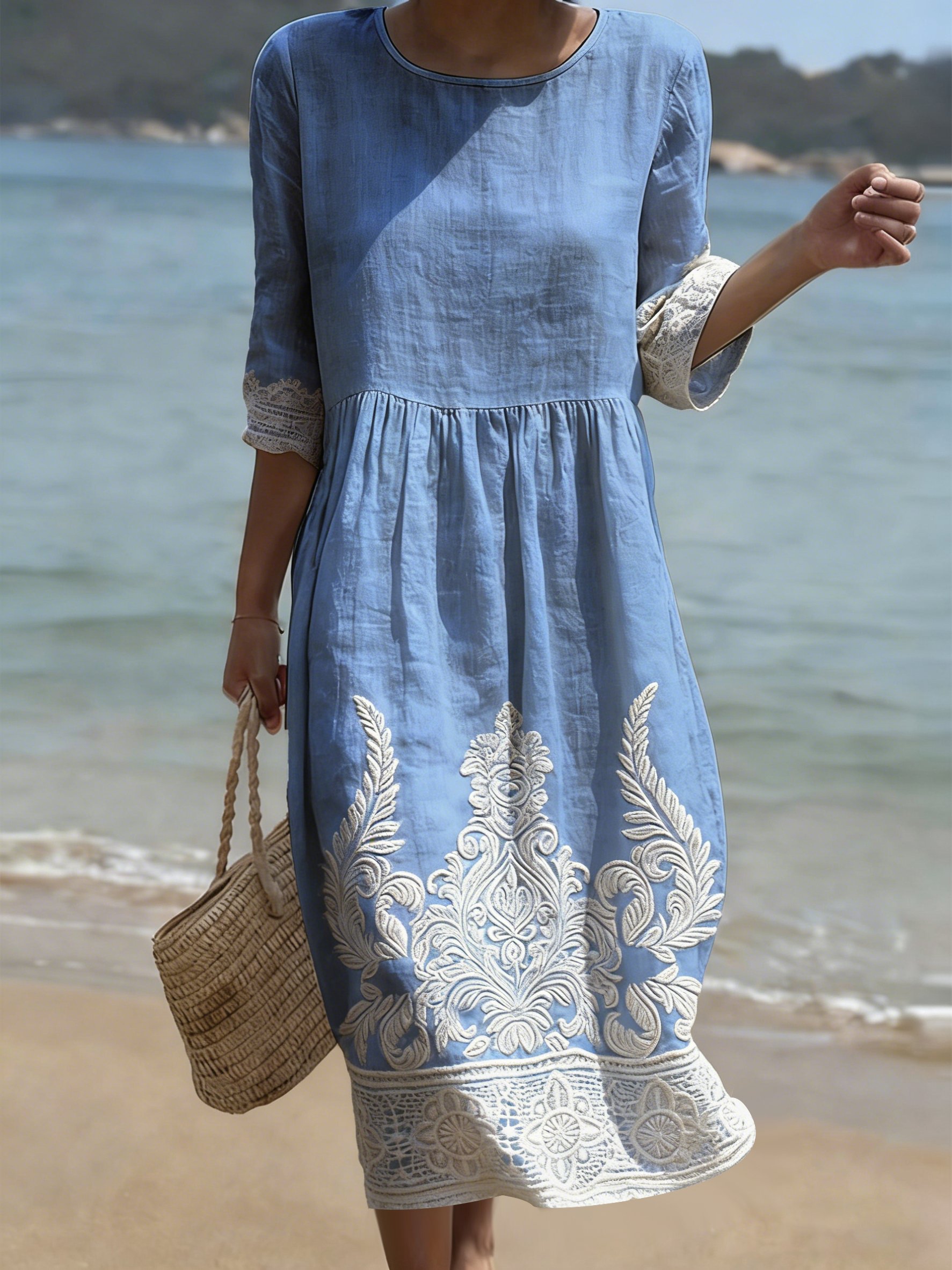 Women's Casual Solid Color Round Neck Mid-Sleeve Floral Print Cotton Linen Dress- Fast Shipping