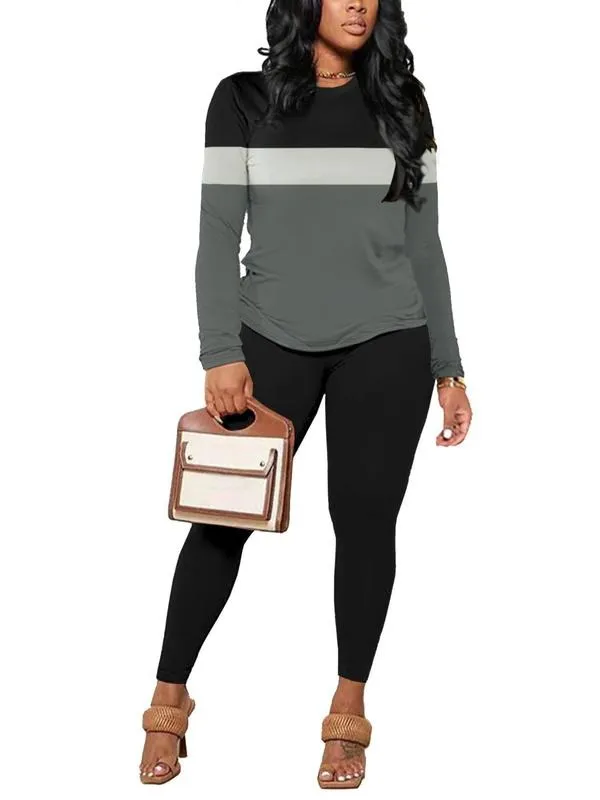 Two-Piece Set Women's Striped Print Long Sleeve Tee & Skinny Pants Set